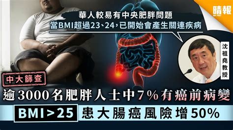 【肥胖風險】中大多樣癌症篩查3500人揪出62人患癌 文獻指bmi高於25患大腸癌風險高一半 晴報 時事 要聞 D200928