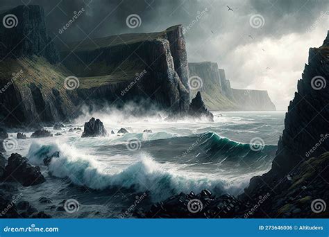 Rugged Coastline With Towering Cliffs Crashing Waves And Misty Sky