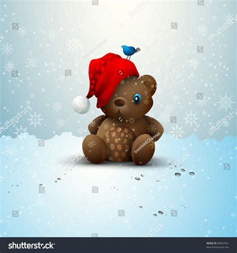 Christmas Teddy Bear Sitting Alone In The Snow Stock Photo