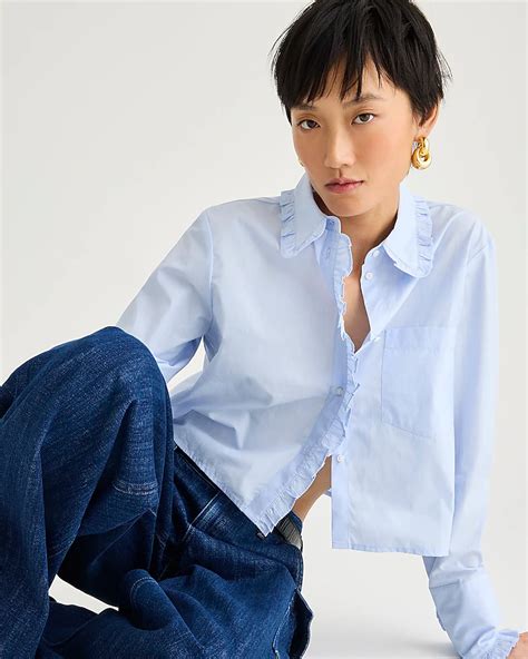 J Crew Ruffle Trim Button Up Shirt In Cotton Poplin For Women