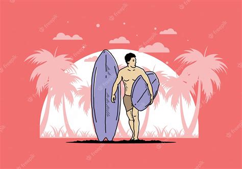 Premium Vector The Shirtless Man Holding Surfboard Illustration