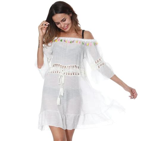 Women Beach Tunic White Cotton Swimsuit Cover Up Sexy Slash Neck Hollow