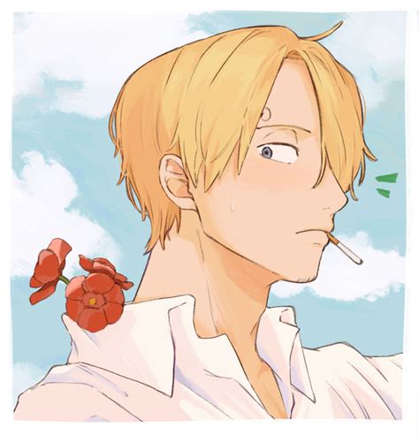 Iqracha Sanji One Piece One Piece Highres Boy Blonde Hair Blue Eyes Border Camellia