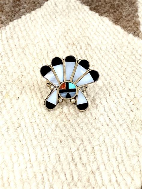 Huge Vintage Zuni Inlay Ring Sterling Silver Sunface Headdress Mop