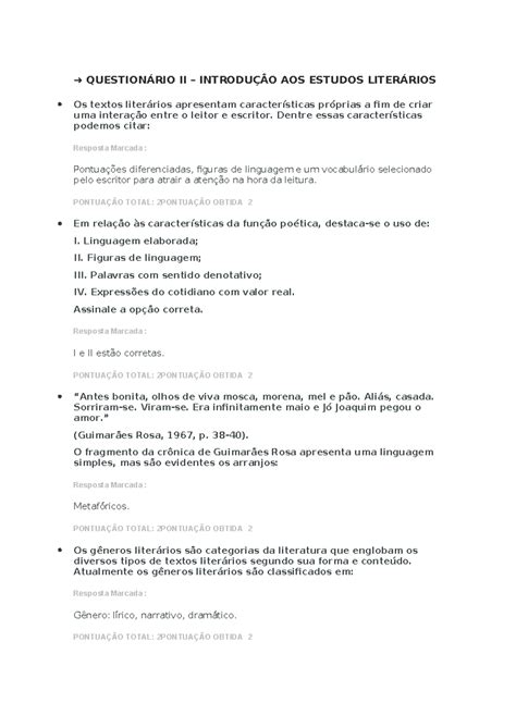 Questionário II Introdução AOS Estudos Literários QUESTIONÁRIO II