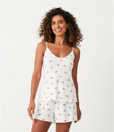 Pijama Short Doll Alcinha Em Ribana Estampa Florzinhas Branco