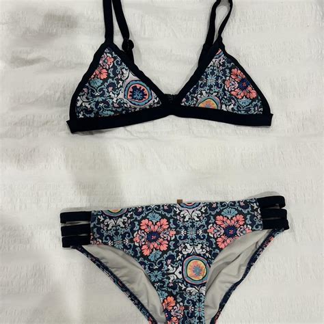 Seafolly Blue And Black Floral Bikini Set Size Depop