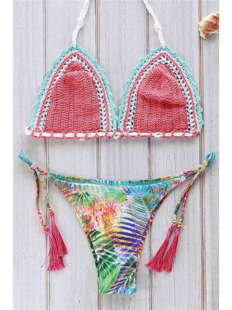 2018 Printed Crocheted Bikini Set In WATERMELON RED M ZAFUL