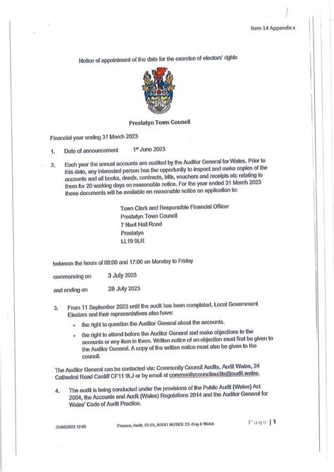 Prestatyn Town Council Notice Of Audit For Financial Year Ending