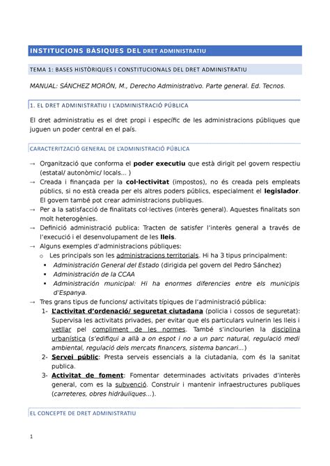 T 1 Institucions Bàsiques Dret Administratiu INSTITUCIONS BÀSIQUES