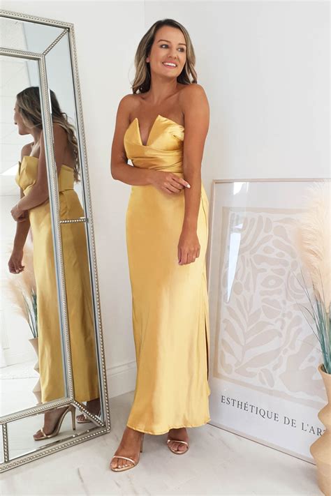 Louvre Strapless Satin Midi Dress Yellow Gold