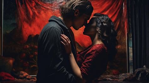 Premium Ai Image A Man And Woman Kiss In Front Of A Red Poster That