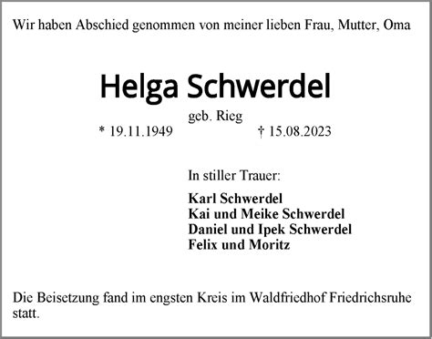 Traueranzeigen Von Helga Schwerdel S Dwest Presse Trauer