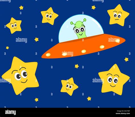 Cute Ovni Alien Cartoon En El Espacio Con Estrellas Encantador Dulce Ilustración Para Niños