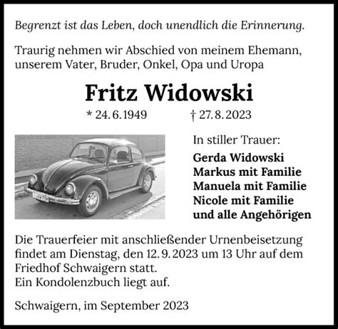 Traueranzeigen Von Fritz Widowski Trauerundgedenken De