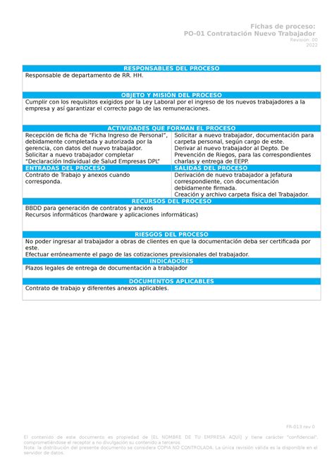 Ficha De Proceso Po Contrataci N Nuevo Trabajador Fichas De