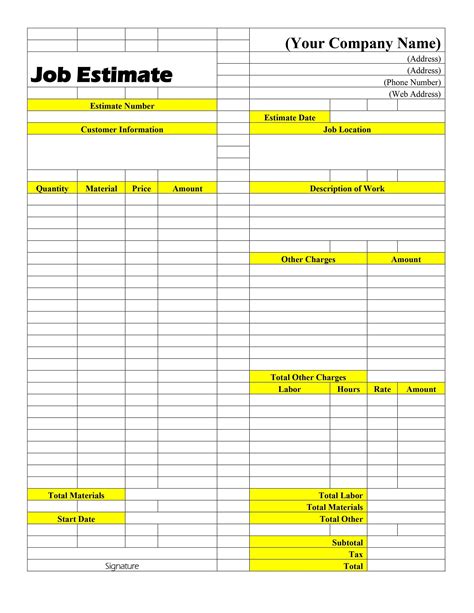 Printable Estimate Forms