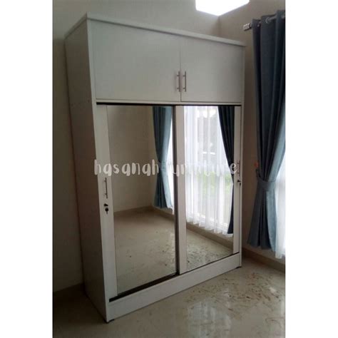 Lemari Pakaian Sliding Pintu Cermin Plus Box Kabinet Atas Murah