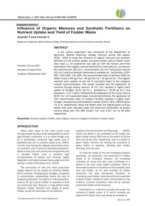 PDF Influence Of Organic Manures And Synthetic Fertilizers On