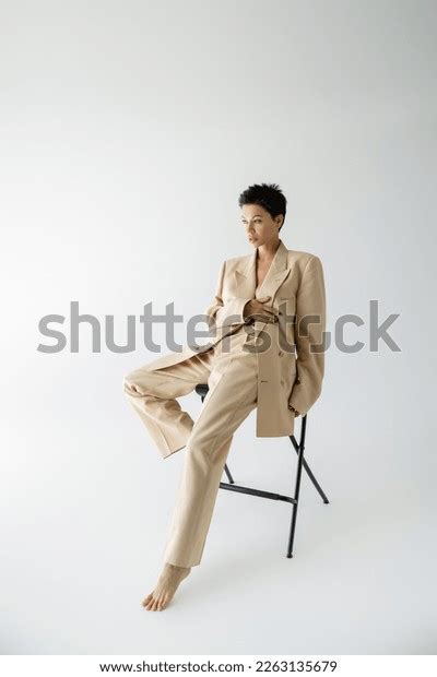 Full Length Brunette Barefoot Woman Beige Stock Photo Shutterstock