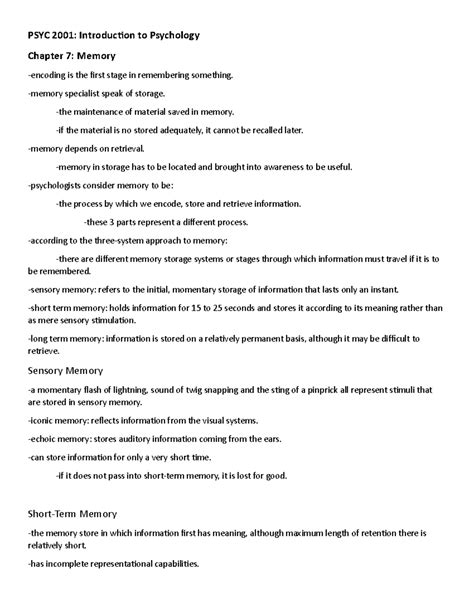 Chapter 7 Memory Insights - PSYC 2001 Intro to Psychology Notes - Studocu