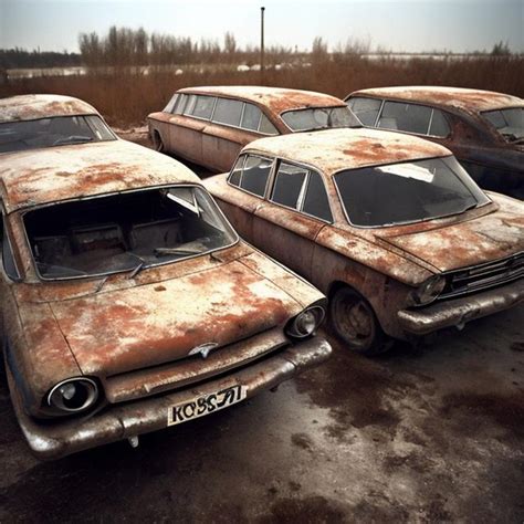 Soviet cars from the 1960s sitting abandoned in a ru...