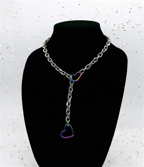 Silver and Rainbow Heart O-link Slip Chain Collar