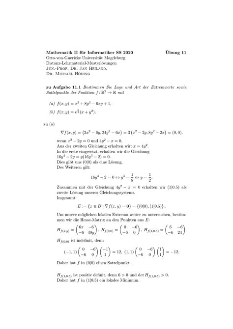 Ma II Inf Ss20 Uebg Musterloesung Blatt 11 Mathematik II F Ur