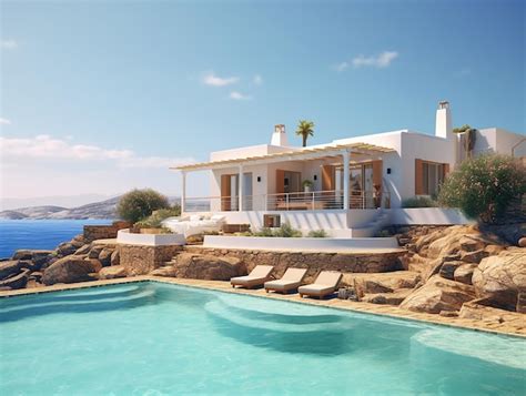 Premium AI Image | Beautiful villa with a swimming pool on the seashore ...