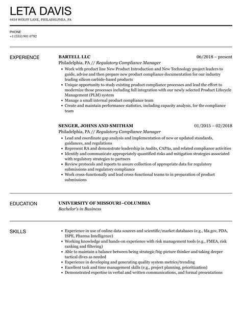 Regulatory Compliance Manager Resume Sample