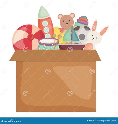 Carton Box With Toys Icons Square Frame And Birthday Elements Vector