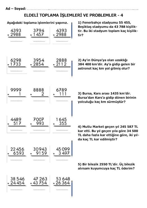 4 SINIF ELDELİ TOPLAMA İŞLEMLERİ VE PROBLEMLER 4 Matematik 5 sınıf