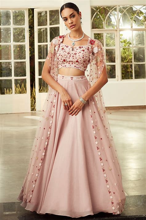 Rose Pink Embroidered Cape Lehenga Set Design By Niamh By Kriti At