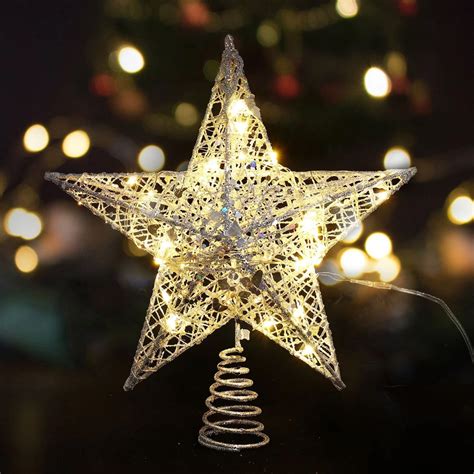 Gold Star Christmas Tree Topper With Lights Glitter Gold 3d Star