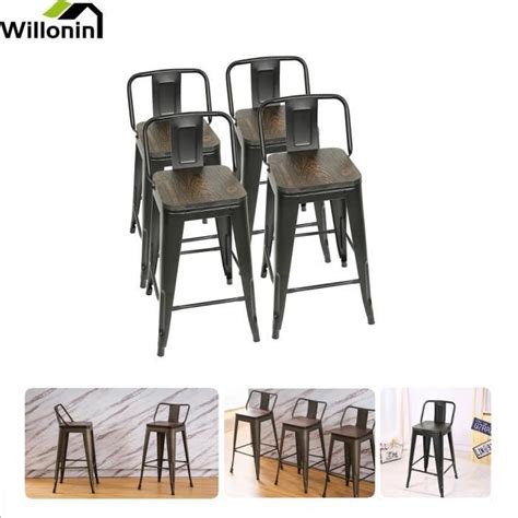 Willonin Lot de 4 Tabouret de bar avec dossier Structure métal et