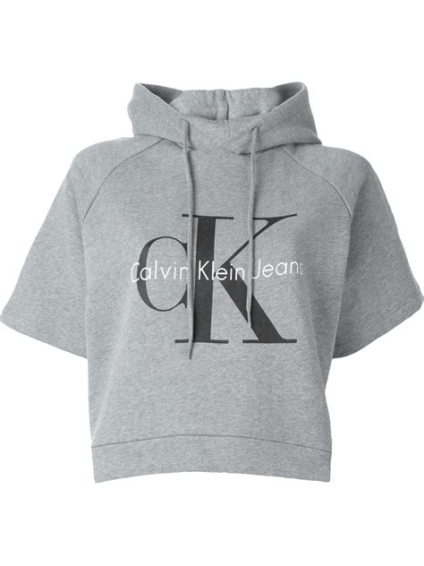 Calvin Klein Jeans Logo Print Cropped Hoodie In Gray Grey Lyst