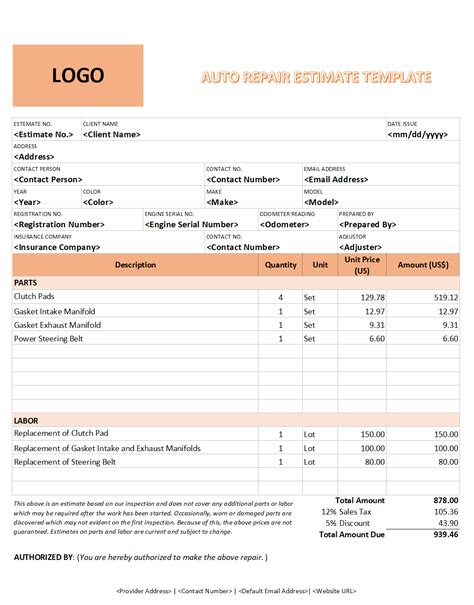 Auto Repair Estimate Template Word