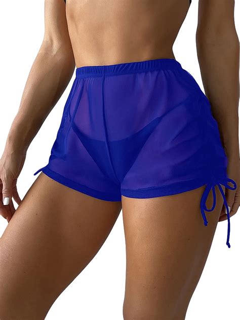 Sunisery Women Sexy Perspective Mesh Sheer Swim Shorts See Through Drawstring Bikini Bottom