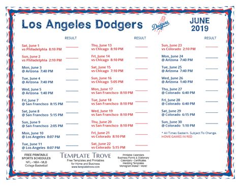 Printable 2019 Los Angeles Dodgers Schedule