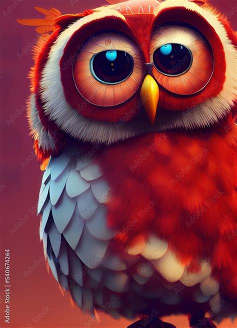 Cute Sweet Red Owl with Big Eyes - Cartoon Animation - Digital Art, 3D ...