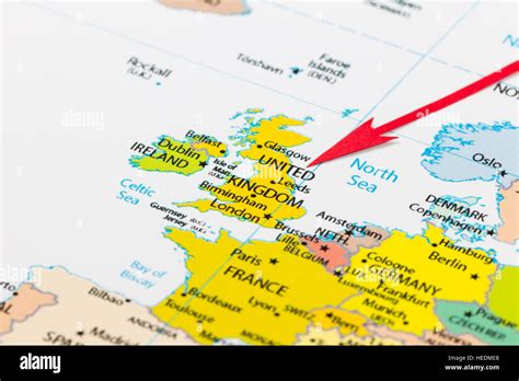 Red Arrow Pointing United Kingdom On The Map Of Europe Continent Stock