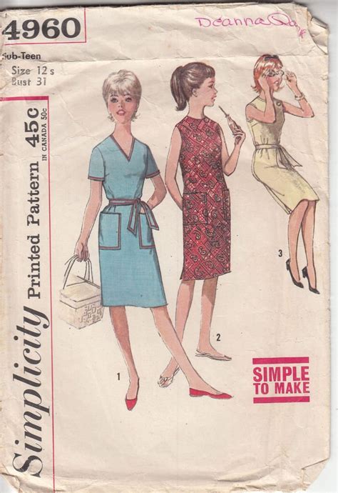 Simplicity Vtg S Sub Teen One Piece Dress Sewing Pattern Sz S