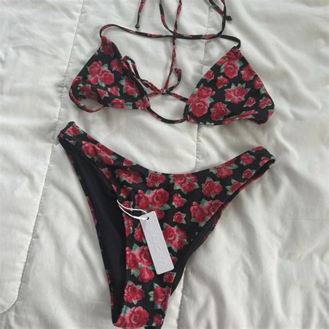 Y K Black And Red Floral Print Bikini Top With Depop