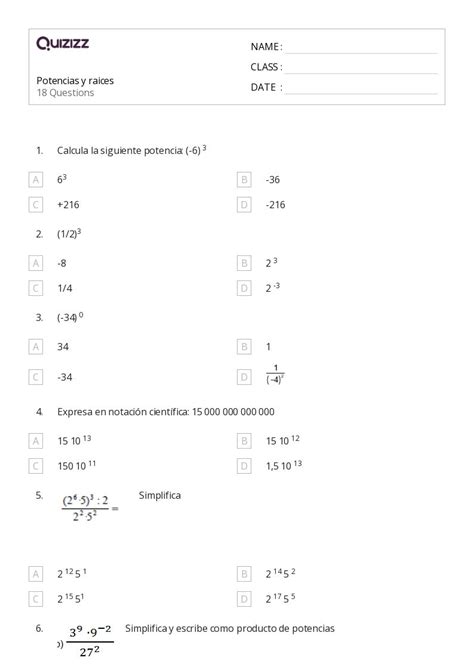 Exponentes Hojas De Trabajo Para Grado En Quizizz Gratis E