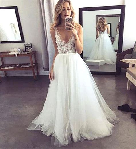 White V Neck Tulle Lace Long Prom Dress White Evening Dress Dreamy