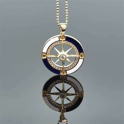 14k Solid Gold Compass Pendant Real Gold Necklace With Cubic Etsy