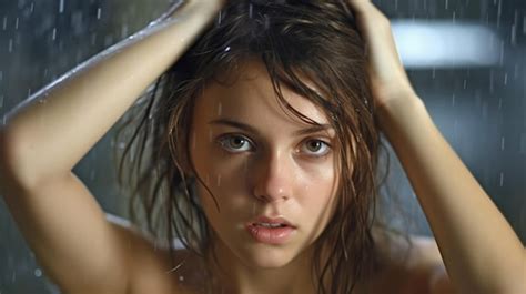 Premium Photo Pretty Lady Staring At Camera With Naked Shoulders Stroking Damp Hair Generative Ai