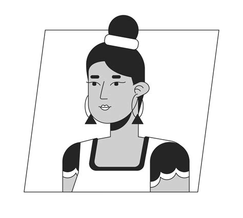 Beautiful Indian Woman With Bun Hairstyle Black White Cartoon Avatar