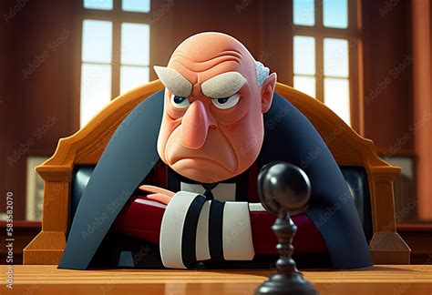 Cartoon character judge with a judge gavel in courtroom. Angry cartoon judge on court during ...