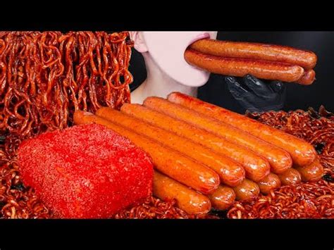 ASMR HOT CHEETOS SPAM SAUSAGE SPICY BLACK BEAN NOODLES COOKING MUKBANG 치토스 소세지 먹방 咀嚼音 EATING